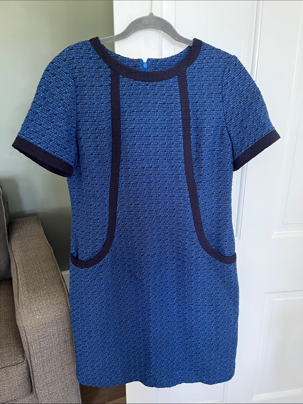 Boden Knit Dress size 12 Blue Black Silver Metallic Short Sleeves